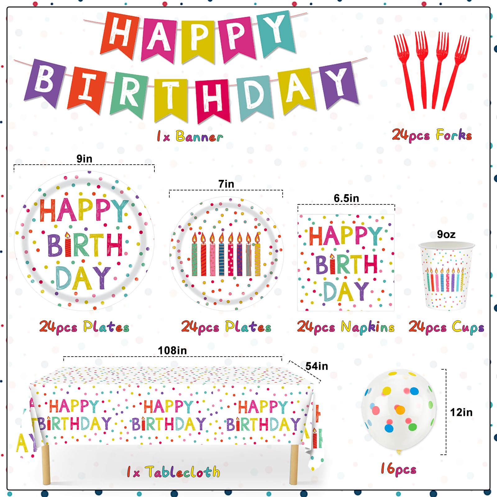 Birthday Party Decorations, 138Pcs Polka Dots Happy Birthday Party Supplies-Serves 24 with Birthday Plates and Napkins Birthday Banner Tablecloth for Boys Girls Birthday Party Decorations