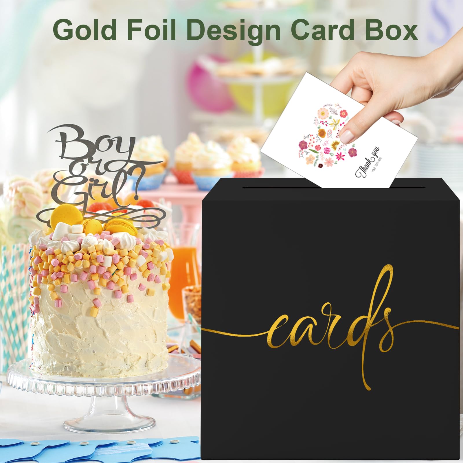 Black Card Box with Gold Foil Design Wedding Card Box Gift Cards Receiving Box for Party Graduation Bridal or Baby Showers, Raffle Ticket Box Money Box for Birthday Retirements Anniversaries Halloween