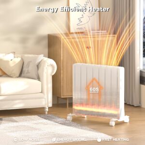 1500W Plug-in Electric Panel Wall Heater for Indoor Use with Thermostat, Convection Space Heater Freestanding with Wheels Easy Control Knob Switch