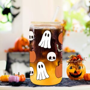 UAREHIBY Halloween Gifts for Women with Ghost,Pumpkins,bats,skulls,18 OZ Halloween Glass Cups with Lids and Straws,Halloween Coffee Cups Tumbler Ghost Mug