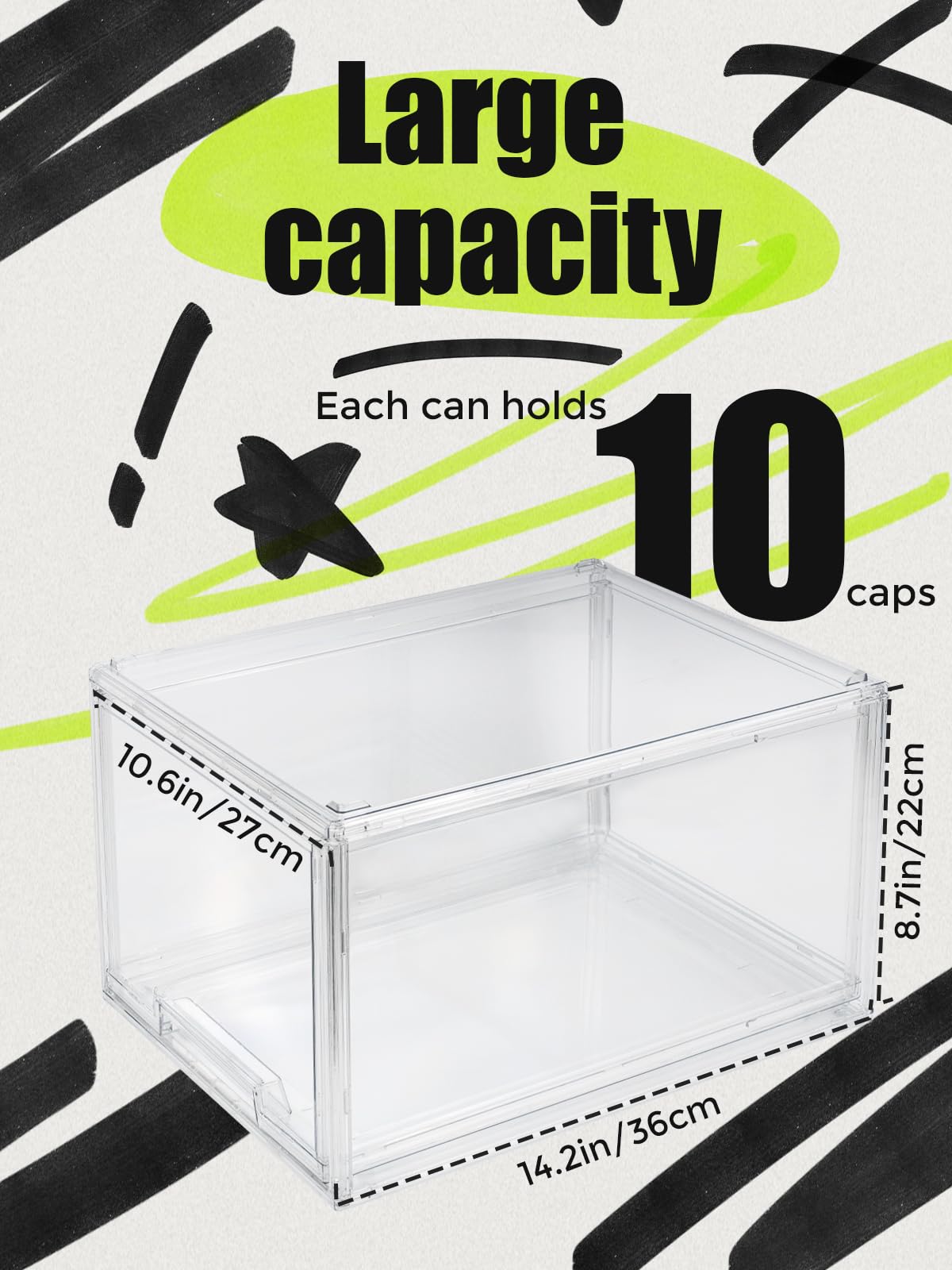 SCAVATA 2 Pack Hat Organizers, Stackable Clear Baseball Caps Holder Box Containers With Drawers for Hats Snapback Cap Storage, Hat Rack Display Case -Clear