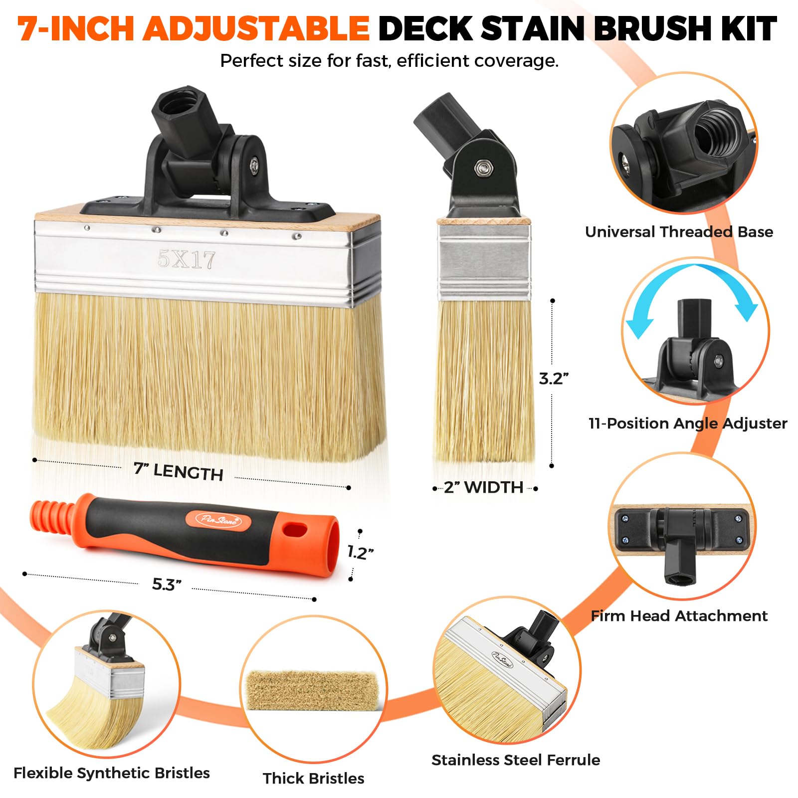 PinStone 7-Inch Deck Stain Brush, 0° to ±90° Adjustable Deck Stain Applicator with Handle, Wide Deck Paint Brush, Limewash Brush, Large Stain Brushes for Wood, Deck, Fence, Masonry, Walls Staining