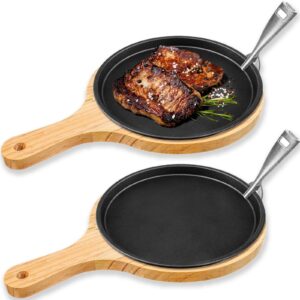 mimorou 2 sets cast iron fajita plate set 9.45'' fajita plate sizzler pan with wooden tray anti scald protection handle cast iron skillet set for restaurant home bbq party restaurant