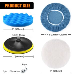 7 Inch Polishing Pads Kit for Drill, Car Buffer Polisher Attachment - Wool Buffing Pads with 5/8-11 Thread Backing Pads & 8mm Adapters for Polisher & Electric Drill Auto Body Repair and Waxing, 13PCS