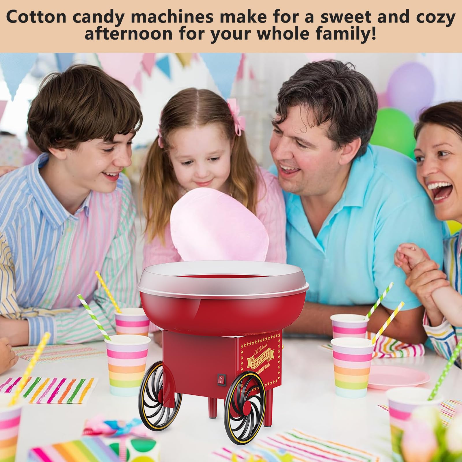 Cotton Candy Machine - Nostalgia Cotton Candy Machine with Sugar Scoop& 5 Reusable Cotton Buds, Cotton Candy Maker for Family Parties Kids Birthday & Fun Gatherings, Retro Red