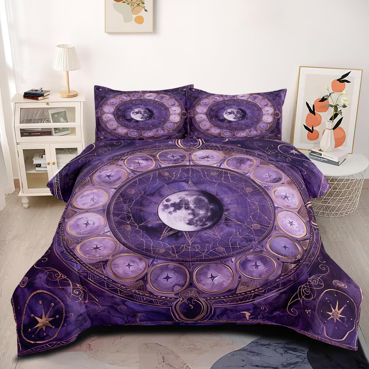 CCoutueChen Sun and Moon Comforter Set Twin Size Boho Purple Constellation Bedding Set Mystery Celestial Art Bedding Comforters Soft Down Alternative Comforter Sets with 1 Pillowcase