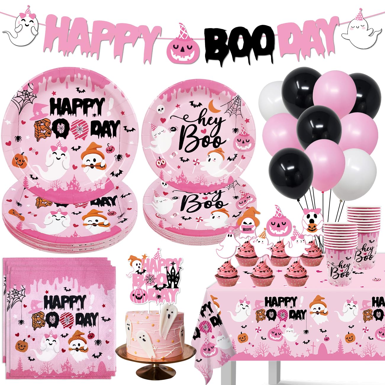 Halloween Pink Birthday Decoration Tableware, Happy Boo Day Halloween Dinnerware with Cute Ghost Plates and Napkins for Halloween Baby Shower Party Supplies,Serve 20