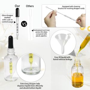 Asherxin 1oz Clear Glass Dropper Bottle with Dropper 16 pcs 30ml Dropper Bottle for Essential Body Oils with 2 Funnels & 2 Extra Glass Measured Pipette 1 Cleaning Brush & 16 Labels for Cosmetic/Travel