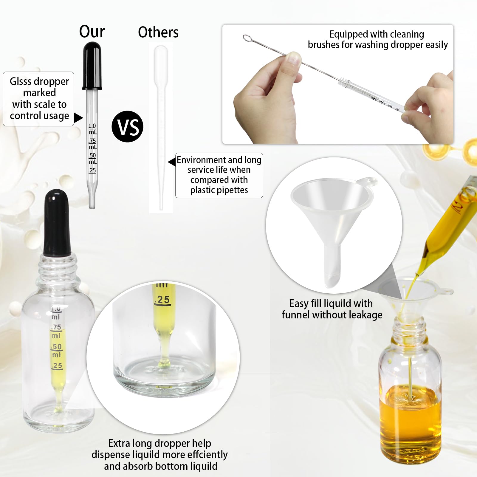 Asherxin 1oz Clear Glass Dropper Bottle with Dropper 16 pcs 30ml Dropper Bottle for Essential Body Oils with 2 Funnels & 2 Extra Glass Measured Pipette 1 Cleaning Brush & 16 Labels for Cosmetic/Travel