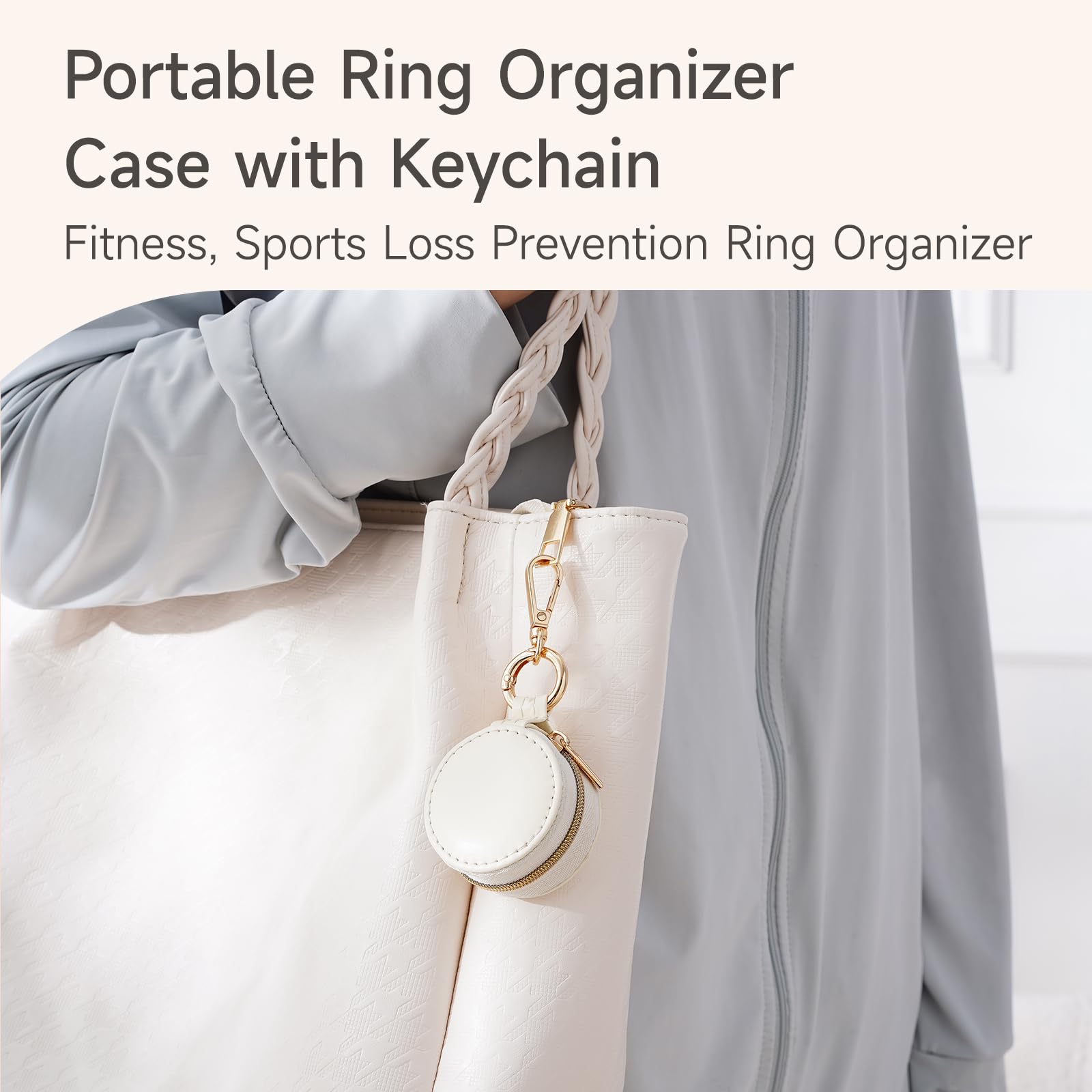 CASEGRACE Ring holder Keychain for jewelry,Portable Mini Gym Travel Jewelry Case for Earrings, Rings, Necklaces Man and Women (White)