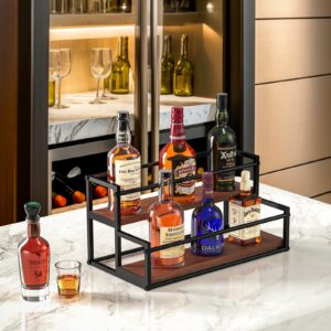 THYGIFTREE Liquor Bottle Display Shelf 2 Tier Liquor Rack Holder Bar Shelf Stand for Liquor Organizer Countertop Liquor Risers Storage Shelves Wine Rack for Whiskey