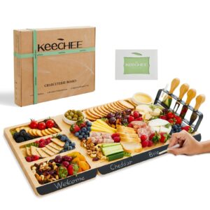 keechee charcuterie boards gift set: large bamboo cheese board set with chalkboard edge & forks set - ideal for housewarming, weddings, bridal showers, and unique gifts for mom