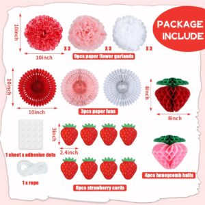 24PCS Strawberry Party Decorations Set Strawberry Honeycomb Balls Fans Lantern Tissue Pom Poms Garland Hanging Swirl Red Pink Banner Girl Baby Shower Bridal Berry First Birthday Decor Supplies