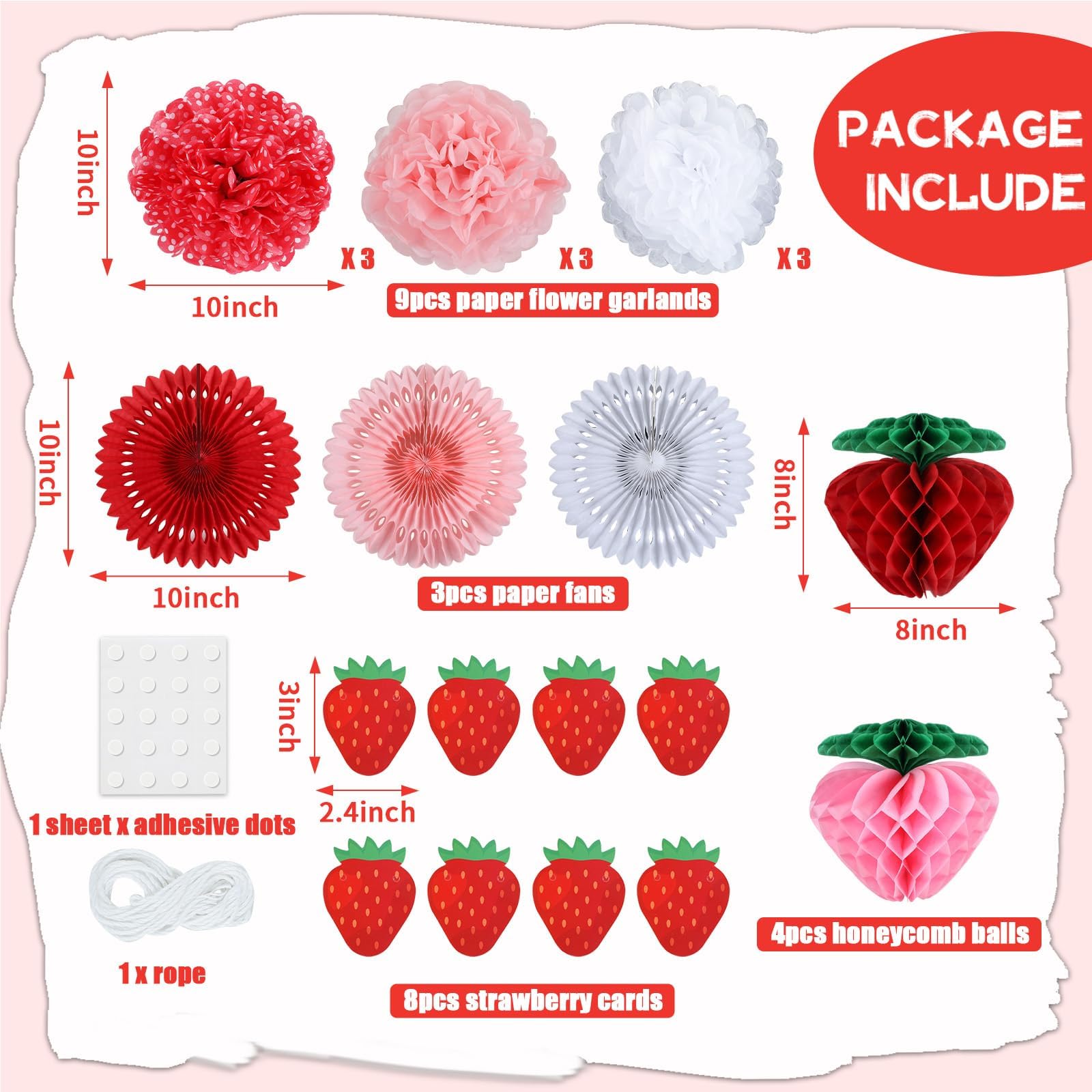 24PCS Strawberry Party Decorations Set Strawberry Honeycomb Balls Fans Lantern Tissue Pom Poms Garland Hanging Swirl Red Pink Banner Girl Baby Shower Bridal Berry First Birthday Decor Supplies