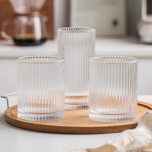 INSETLAN Ribbed Glass Tumblers Set of 6-14 oz Vintage Glassware, Clear Drinking Glasses for Wine, Juice, Cocktails, Water, Iced Coffee, Whiskey - Dishwasher Safe, Durable and Elegant