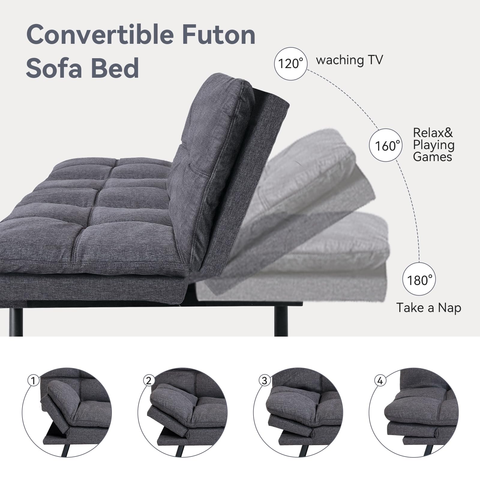 Erdoru Convertible Memory Foam Futon Sofa Bed Couch,Linen Fabric Futon Sofa Couch,Sleeper Futons Sofa Bed,Small Splitback Modern Loveseat Sofa Bed for Living Room,Office,Apartment,Deep Grey