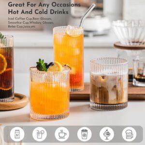 INSETLAN Ribbed Glass Tumblers Set of 6-14 oz Vintage Glassware, Clear Drinking Glasses for Wine, Juice, Cocktails, Water, Iced Coffee, Whiskey - Dishwasher Safe, Durable and Elegant