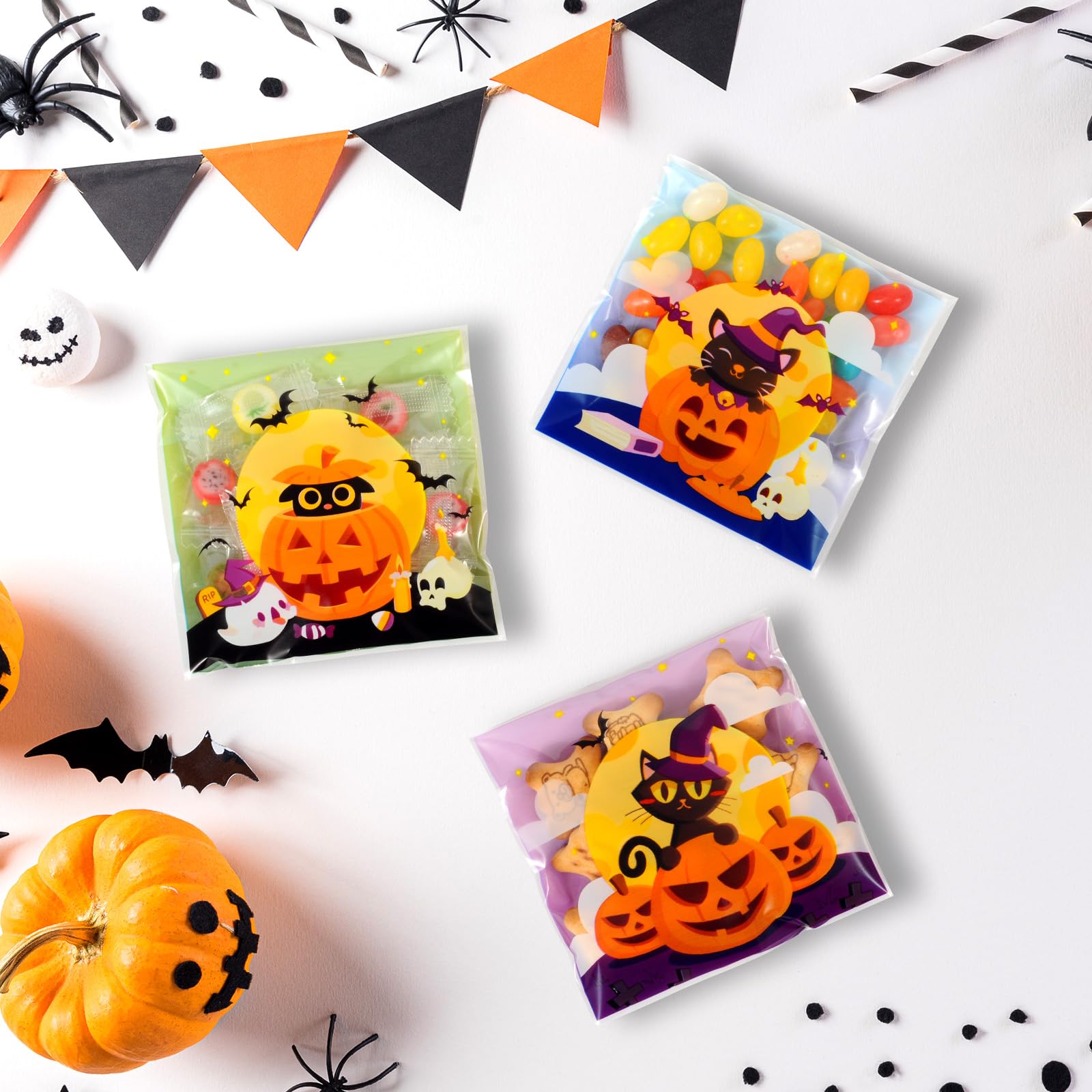 HiloPack 4"x4" Halloween Goodie Bags, 50Pcs Self Adhesive Cookie Bags Halloween Treat Bags Trick or Treat Cellophane Candy Bags for Halloween Party Favor Supplies (Party Bags)