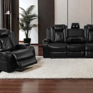 A Ainehome Living Room Furniture Power Recliner Set, Leather Sectional Sofa Set for Living Room, Home Theater, with LED Lights, Hide-Away Storage, Wireless Charging(B-Black,Sofa+Chair)