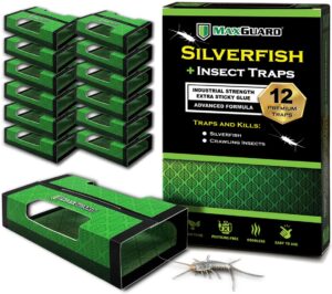 maxguard silverfish + insect traps (12 pcs box trap) | non-toxic extra sticky glue traps, kill all silverfish, centipedes, and other crawling bugs and insects |