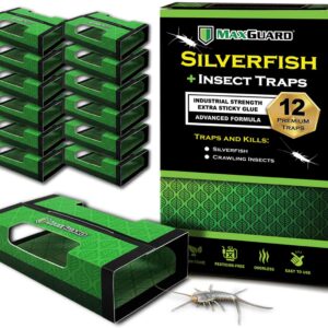 MaxGuard Silverfish + Insect Traps (12 pcs Box Trap) | Non-Toxic Extra Sticky Glue Traps, Kill All Silverfish, Centipedes, and Other Crawling Bugs and Insects |