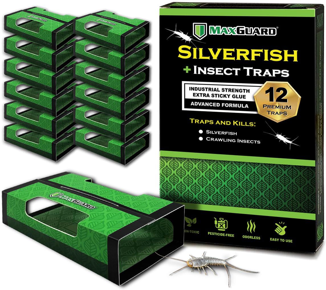 MaxGuard Silverfish + Insect Traps (12 pcs Box Trap) | Non-Toxic Extra Sticky Glue Traps, Kill All Silverfish, Centipedes, and Other Crawling Bugs and Insects |