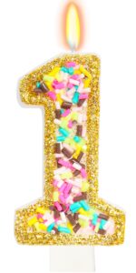 elekfx 1st birthday candles for cake with sprinkles, sweet one birthday party decorations rainbow birthday party supplies, 2.76 inch cake topper decorations golden edge (number 1)