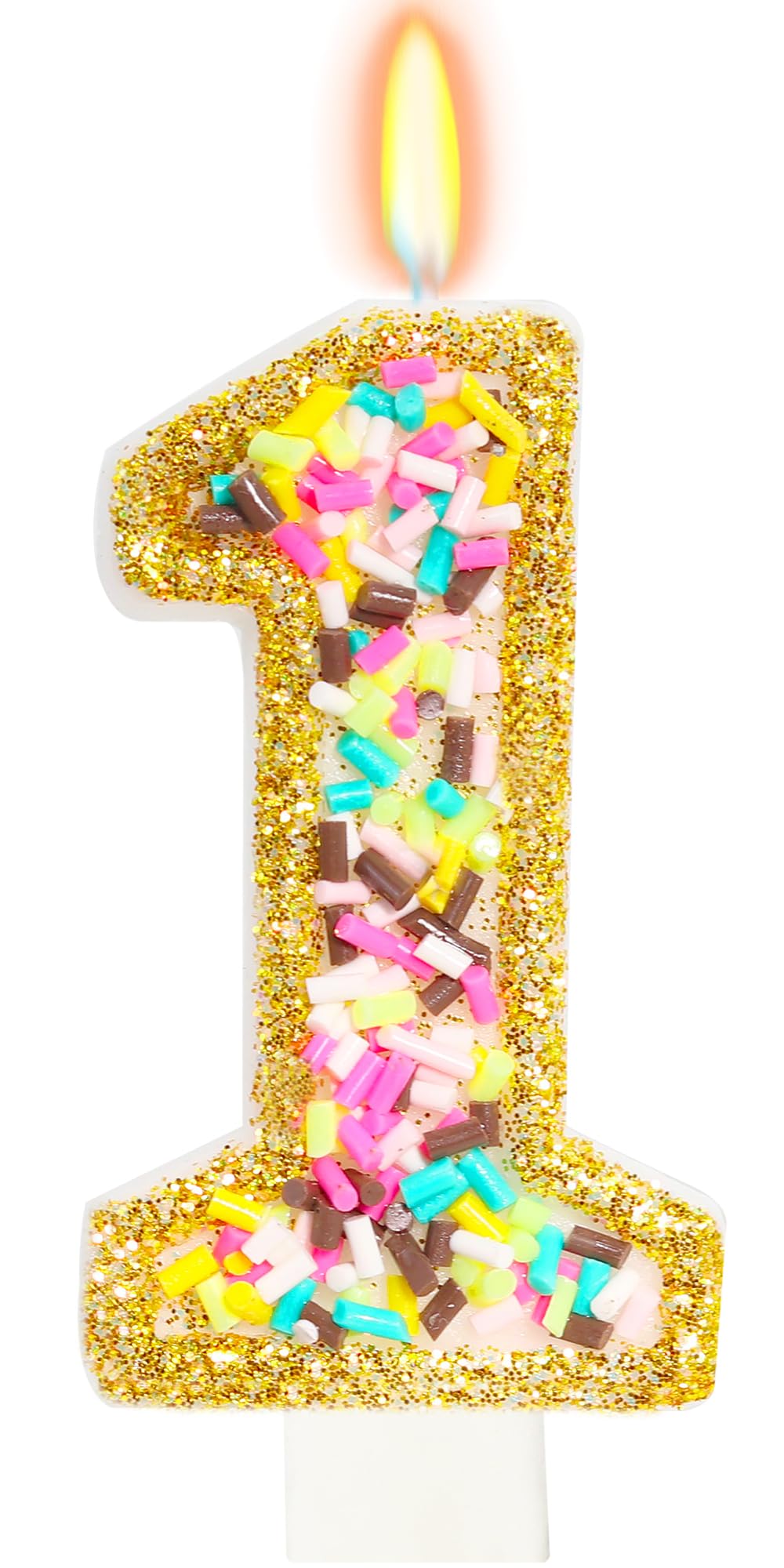 ElekFX 1st Birthday Candles for Cake with Sprinkles, Sweet One Birthday Party Decorations Rainbow Birthday Party Supplies, 2.76 inch Cake Topper Decorations Golden Edge (Number 1)