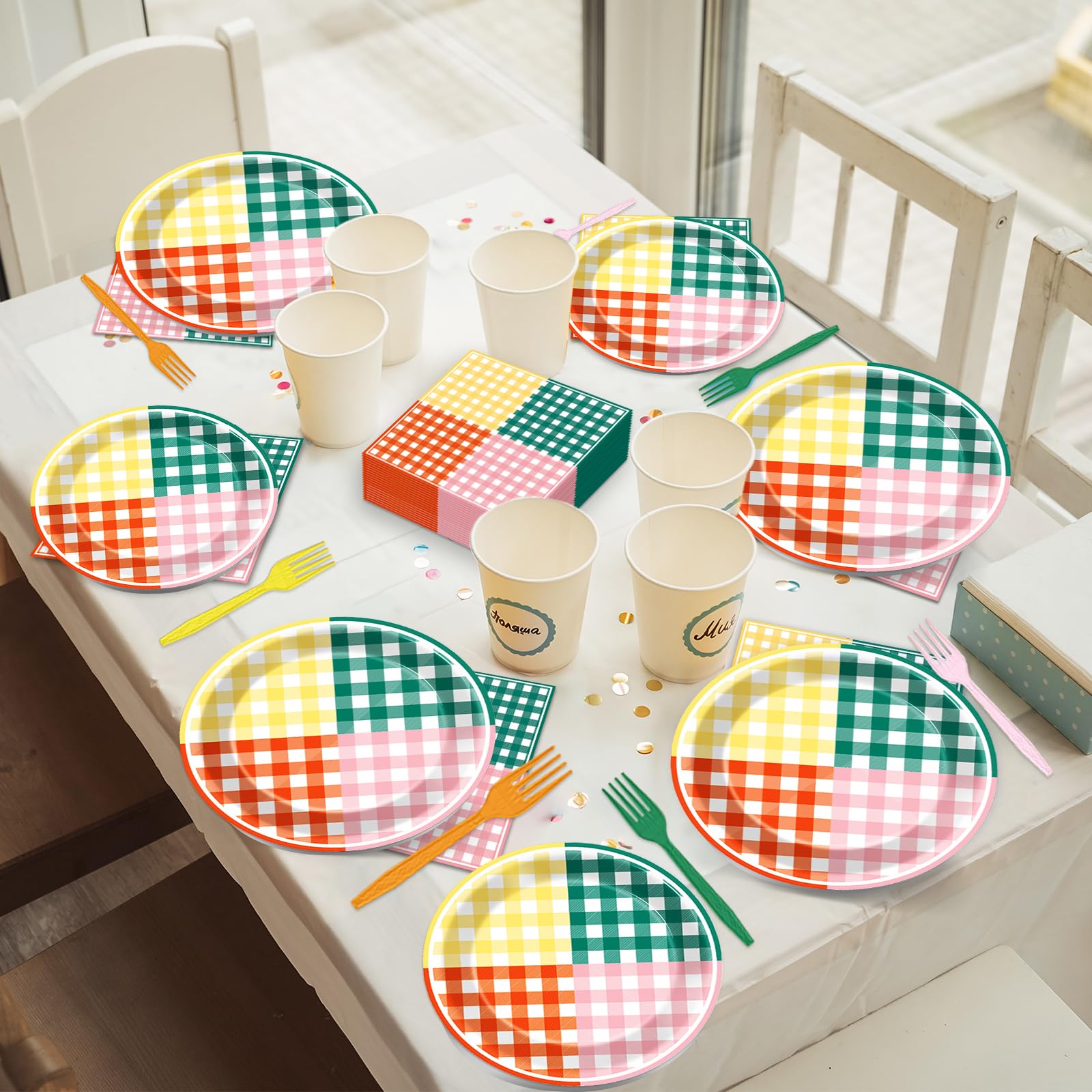 Lonfliness 96 Pcs Camp Gingham Paper Plates and Napkins Gingham Checkered Bachelorette Party Supplies Gingham Birthday Tableware Set Plaid Camping Themed Summer Party Favors Baby Bridal Shower Decor