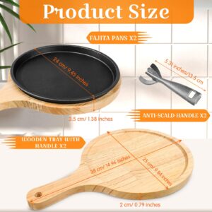 Mimorou 2 Sets Cast Iron Fajita Plate Set 9.45'' Fajita Plate Sizzler Pan with Wooden Tray Anti Scald Protection Handle Cast Iron Skillet Set for Restaurant Home BBQ Party Restaurant