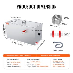 VEVOR Commercial Grease Trap, 25 LBS Grease Interceptor, Top Inlet Interceptor, Under Sink Stainless Steel Grease Trap, 6.4 GPM Waste Water Oil-water Separator, for Restaurant Canteen Home Kitchen