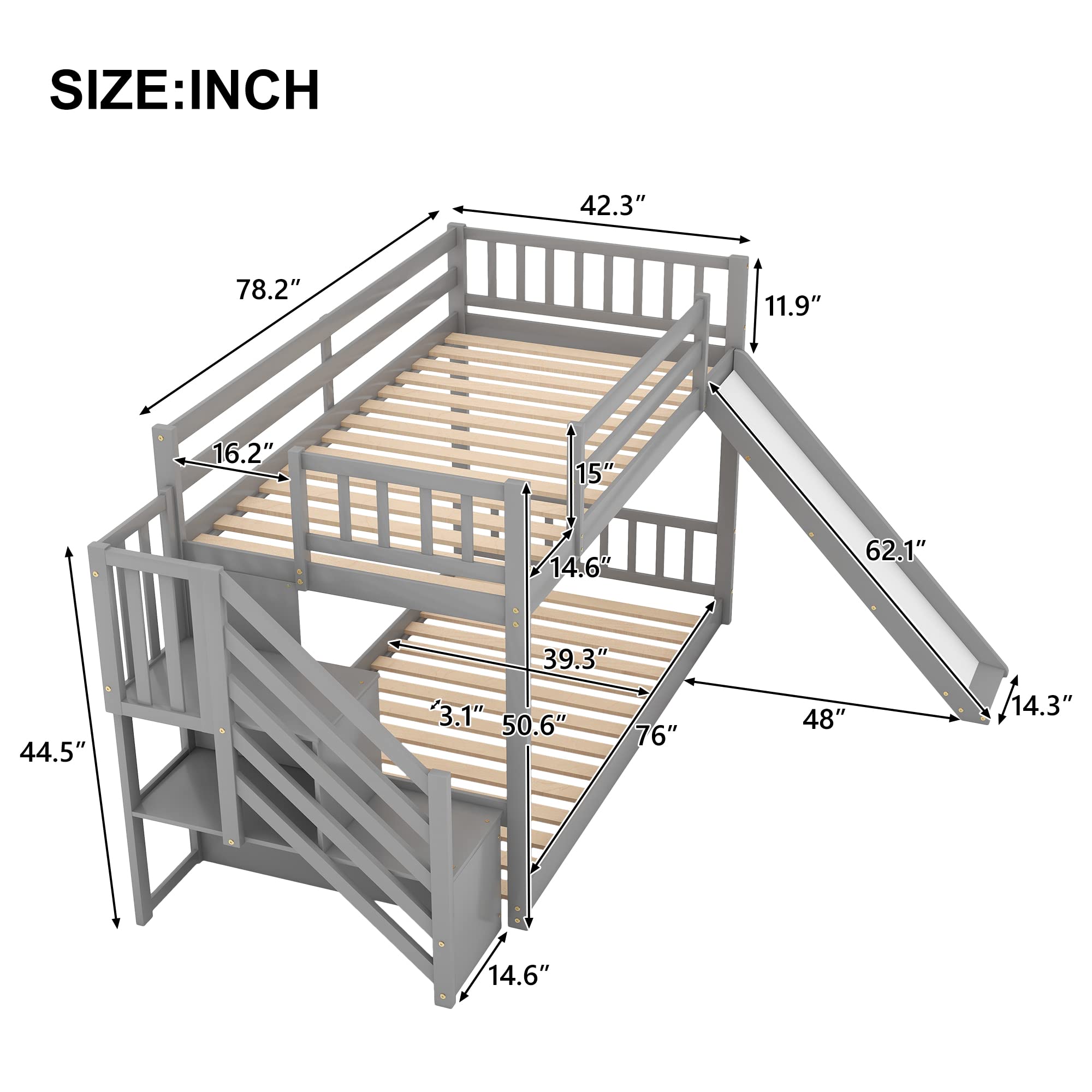 LostCat Low Bunk Beds,Twin Over Twin Bunk Bed with Convertible Slide and Stairway,Wood Bed Frame,Easy Assembly,No Box Spring Needed,Bunk Beds for Boys Girls and Adult(Grey)