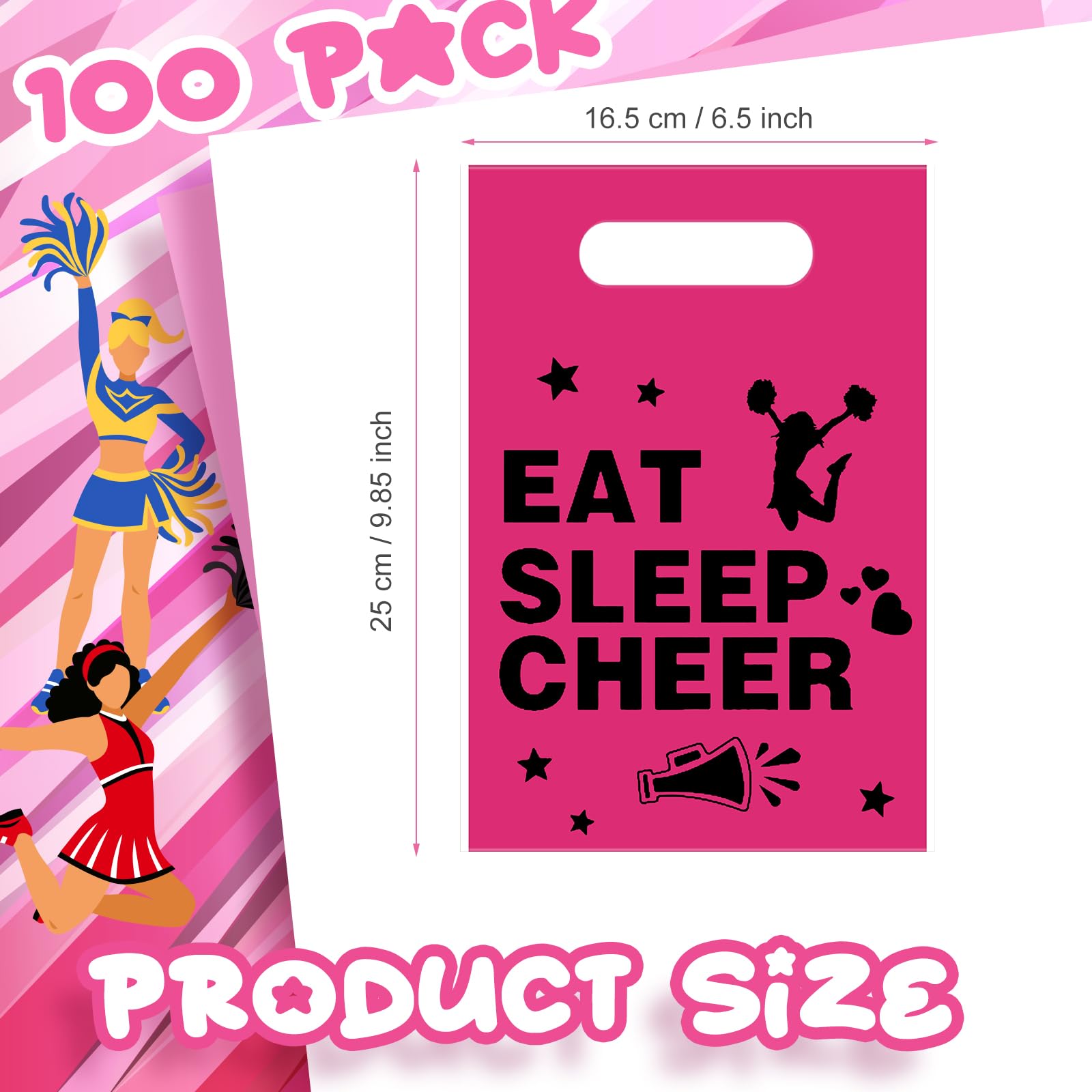 Affrolling 100 Pcs Cheerleading Plastic Goodie Bags Bulk 9.84" x 6.5" Cheerleading Party Supplies Cheer Gift Bags with Handle for Team Cheerleader Party Gymnastics Party Decorations