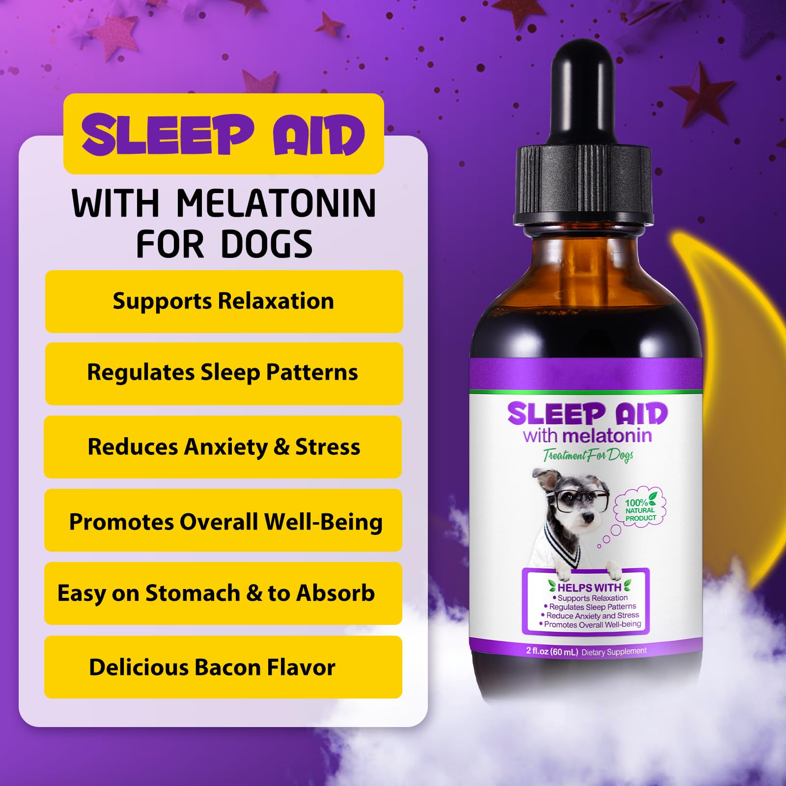 Sleep Aid for Dogs, 60ml Dog Melatonin Drops Supports Dog Sleep, Dog Anxiety Relief, Calming Dogs & Regulates Sleep Patterns - Pet Supplements for Dogs Liquid Vitamins, Bacon Flavour - 2 Fl Oz