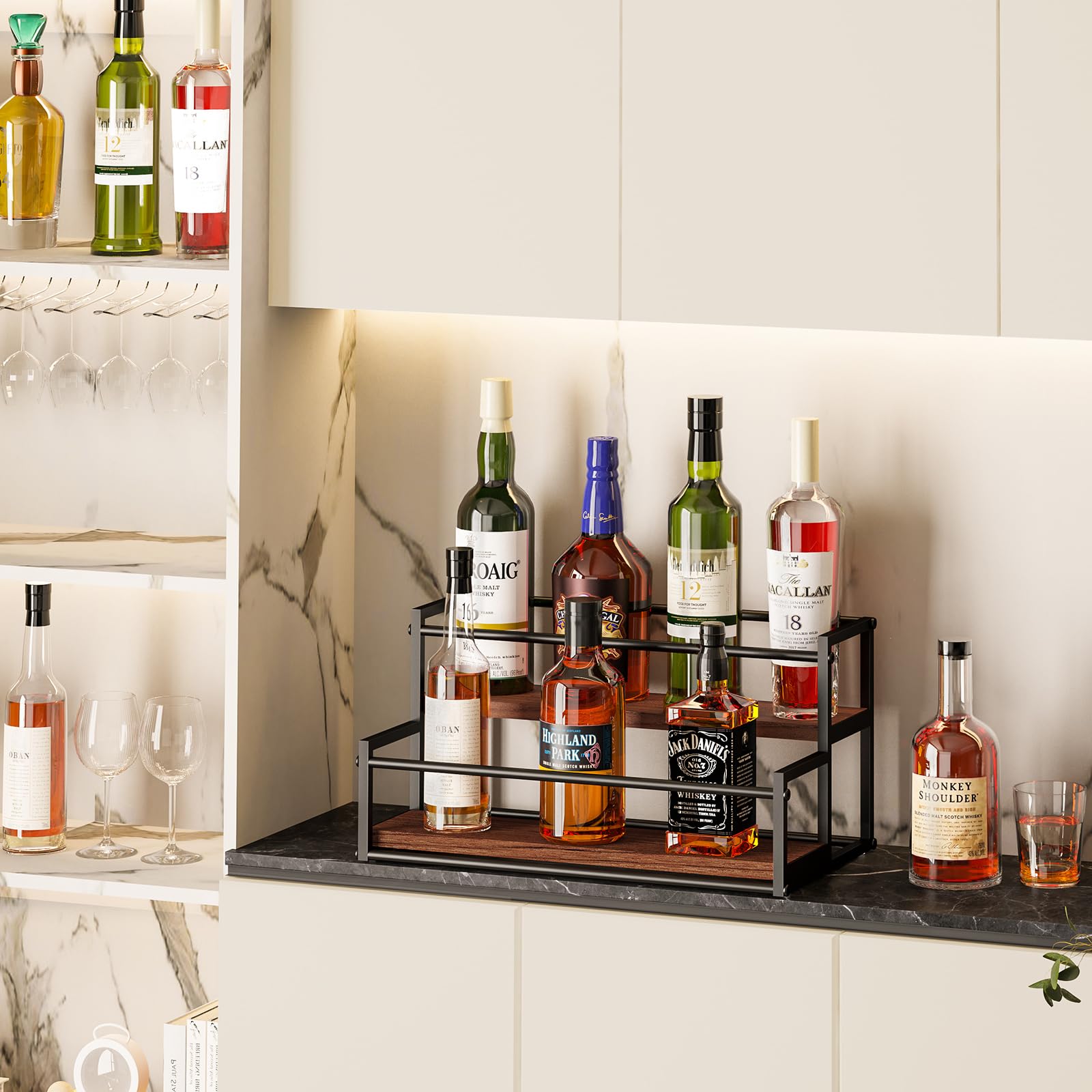 THYGIFTREE Liquor Bottle Display Shelf 2 Tier Liquor Rack Holder Bar Shelf Stand for Liquor Organizer Countertop Liquor Risers Storage Shelves Wine Rack for Whiskey