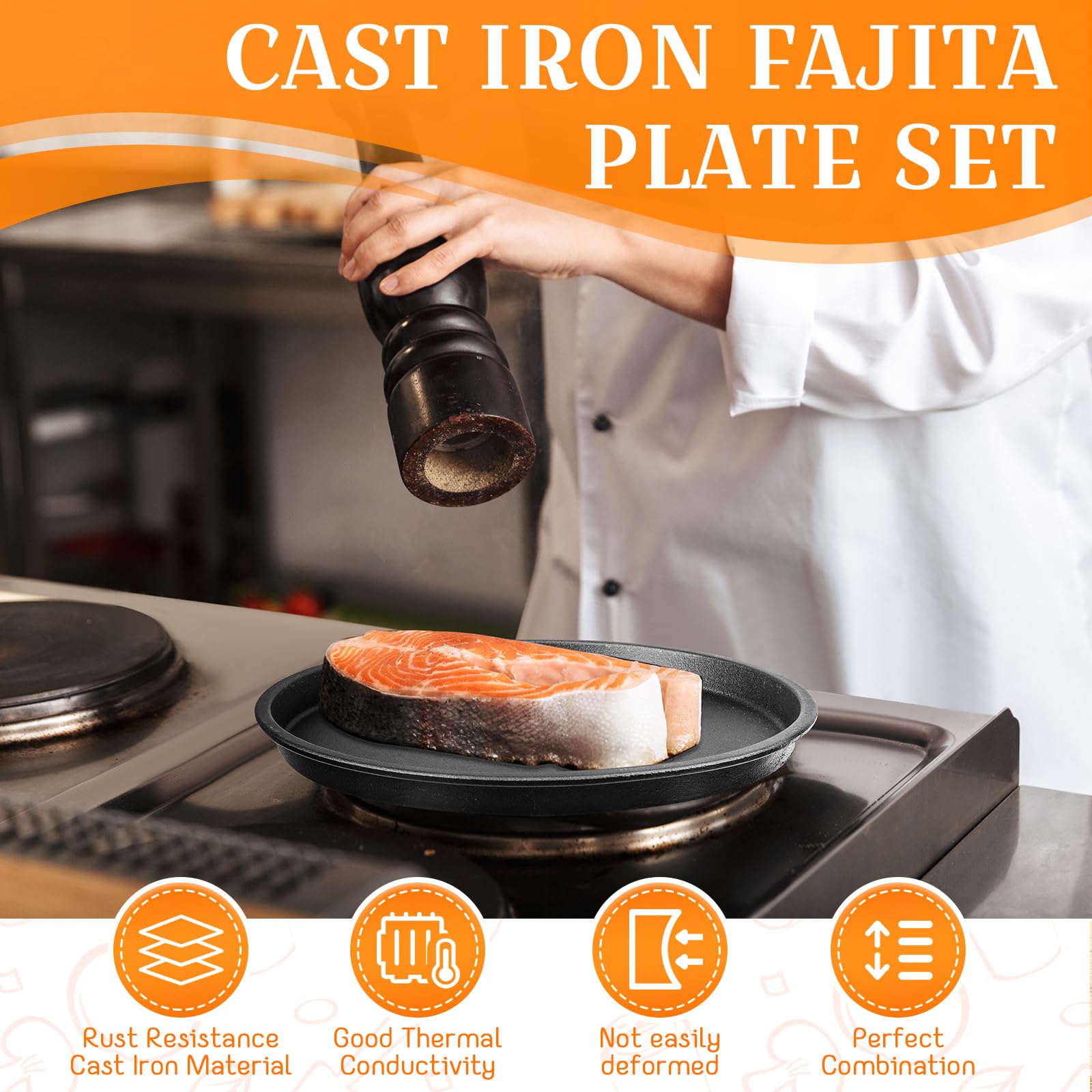 Mimorou 2 Sets Cast Iron Fajita Plate Set 9.45'' Fajita Plate Sizzler Pan with Wooden Tray Anti Scald Protection Handle Cast Iron Skillet Set for Restaurant Home BBQ Party Restaurant