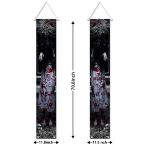 Avezano Halloween Door Decorations Scary Ghost Halloween Porch Signs for Outside Decor Haunted House Hanging Banner Halloween Party Supplies