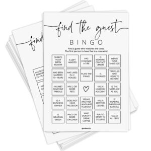 find the guest bingo game cards, baby shower bingo game, bridal shower games, wedding bingo, 50 unique cards, minimalist