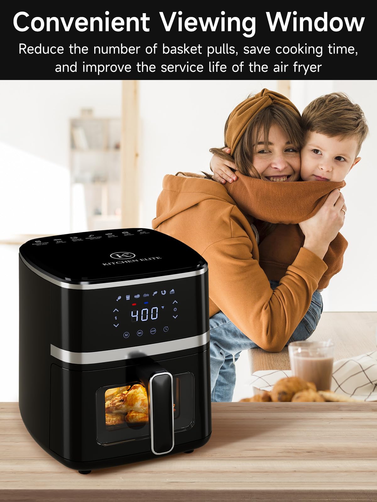 Kitchen Elite Air Fryer Oven 5.28 Qt, 7-in-1 Digital Display Compact Cooker with Easy View Windows，Space-saving, Nonstick and Dishwasher Safe Basket, Black