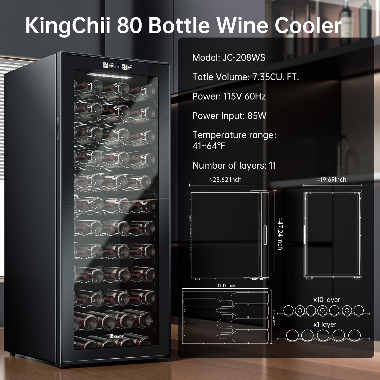 KingChii 80 Bottle Wine Cooler Refrigerator - Intelligent Digital Control Wine Fridge, Low Noise Operation, Freestanding Wine Refrigerator for Kitchen and Home