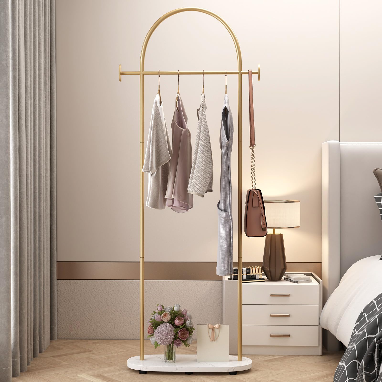 KADIGANG Gold Clothing Rack, Modern Clothes Rack with Shelf, Heavy Duty Freestanding Coat Rack, Metal Coat Hanger Stand with Hooks for Boutique Office