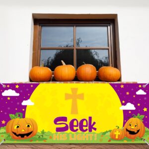 SmoothNovelty Halloween Christian Pumpkin Backdrop Banner Seek His Light Banner Religious Halloween Decoration Church Theme Party Banner for Halloween Fall Outdoor Sunday School Decor, 50 x 20 Inch