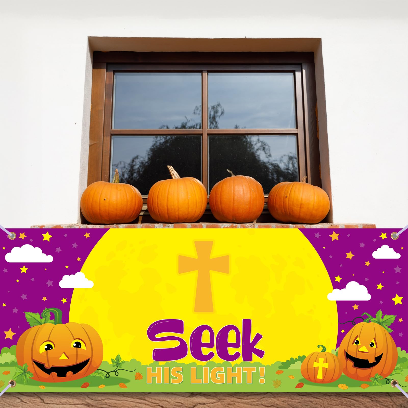 SmoothNovelty Halloween Christian Pumpkin Backdrop Banner Seek His Light Banner Religious Halloween Decoration Church Theme Party Banner for Halloween Fall Outdoor Sunday School Decor, 50 x 20 Inch