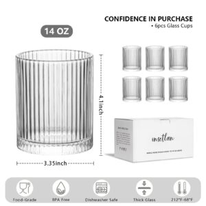 INSETLAN Ribbed Glass Tumblers Set of 6-14 oz Vintage Glassware, Clear Drinking Glasses for Wine, Juice, Cocktails, Water, Iced Coffee, Whiskey - Dishwasher Safe, Durable and Elegant