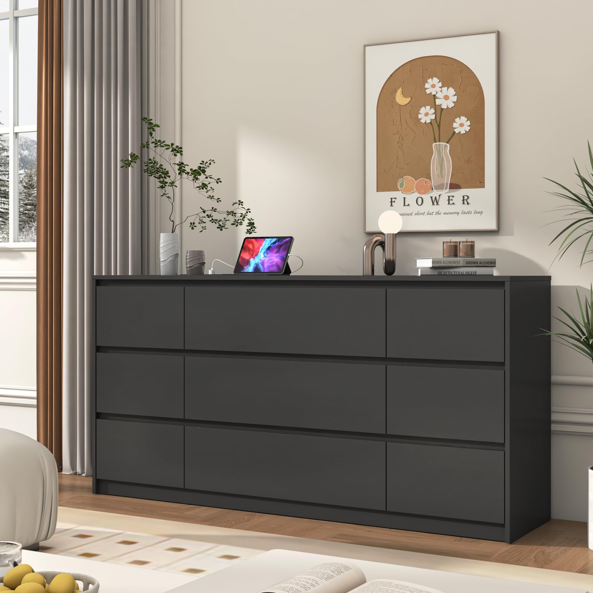 Black Dresser for Bedroom, 63 Inch Long 9 Drawers Dresser with Charging Station, Modern Large Wood Chest of Drawers Handle Free, Dresser for Bedroom, Living Room, Entryway, Hallway, Black