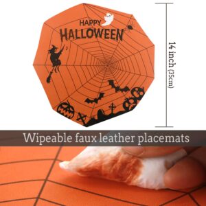 FemGe Halloween Placemats Set of 4 Ghost Bat Horror Orange Table Mats Round Faux Leather Thick Placemats Machine Washable Non-Slip Heat Resistant Place Mats for Kitchen Table Holiday Decor 14 Inch