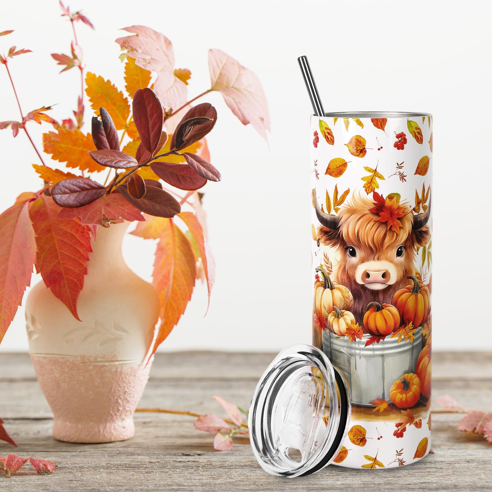 Whaline Highland Cow Tumbler with Lid and Straw Fall Pumpkin Leaves Cow Stainless Steel Cup Autumn Tumbler Cup for Fall Thanksgiving Decor Gift Supplies