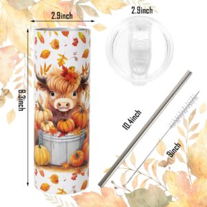 Whaline Highland Cow Tumbler with Lid and Straw Fall Pumpkin Leaves Cow Stainless Steel Cup Autumn Tumbler Cup for Fall Thanksgiving Decor Gift Supplies