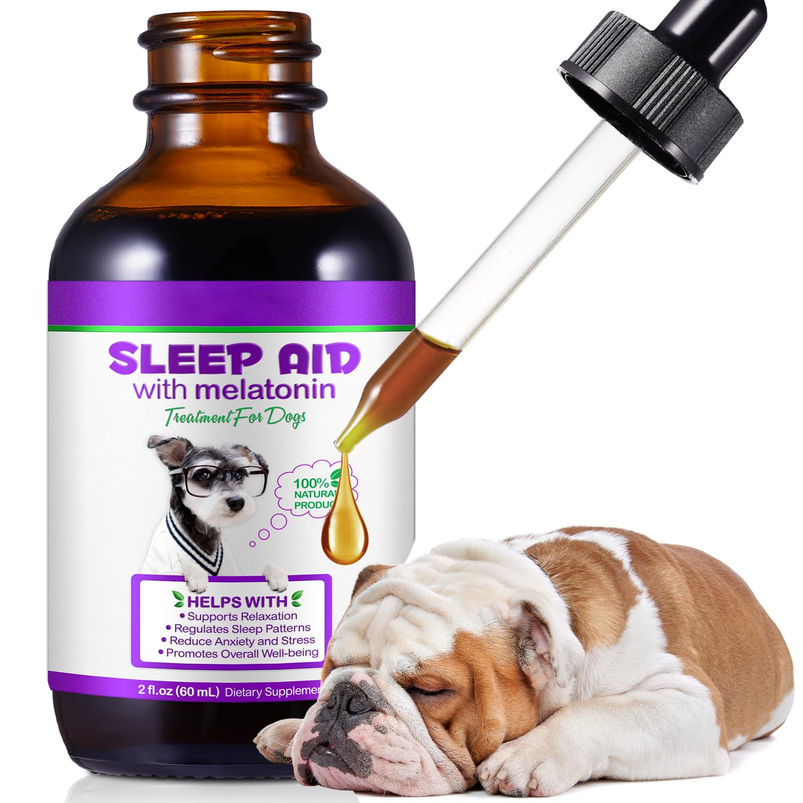 Sleep Aid for Dogs, 60ml Dog Melatonin Drops Supports Dog Sleep, Dog Anxiety Relief, Calming Dogs & Regulates Sleep Patterns - Pet Supplements for Dogs Liquid Vitamins, Bacon Flavour - 2 Fl Oz