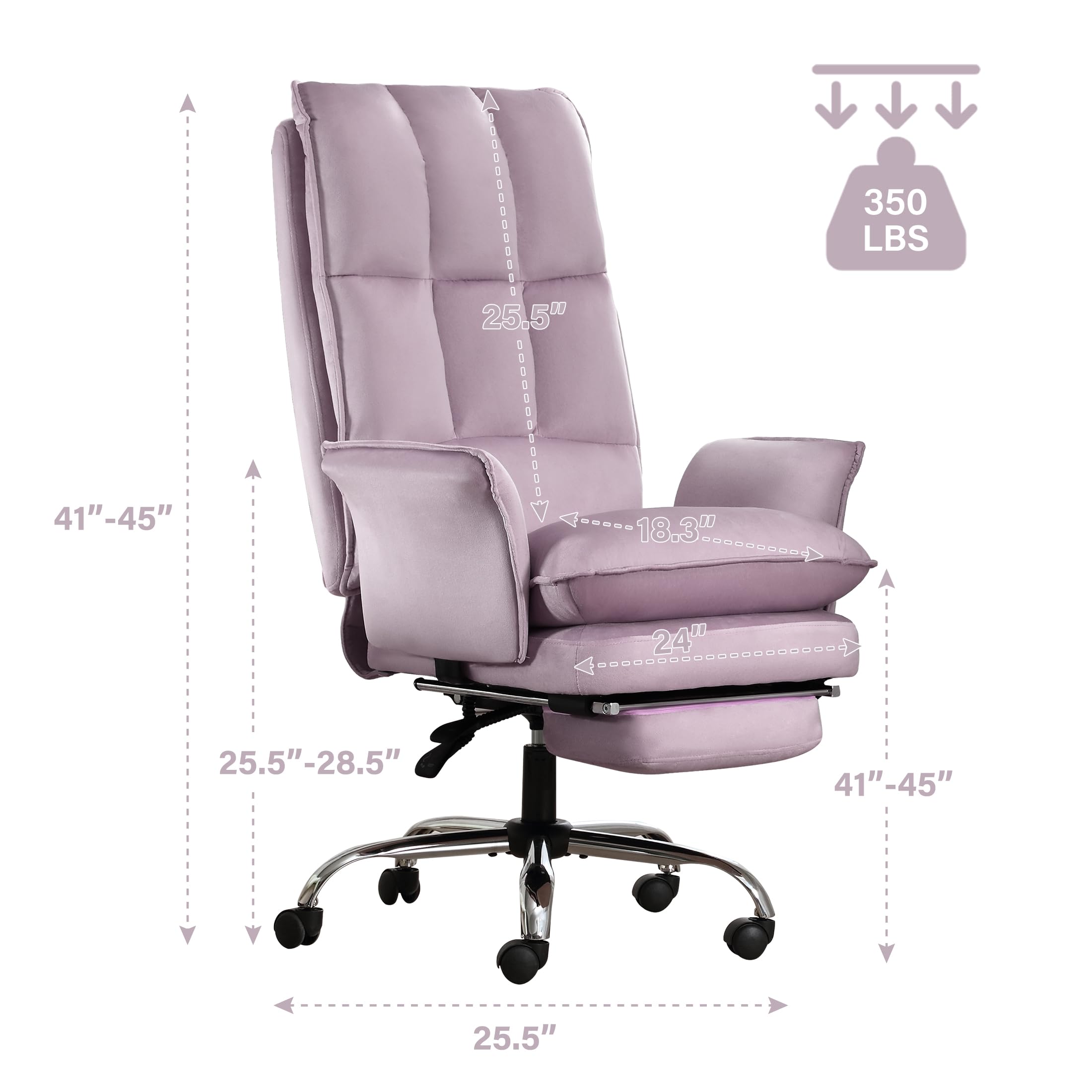 BOSMILLER Office Chair, Modern Home Office Desk Chairs with Wheels and Retractable Footrest, Adjustable Backrest Velvet High Back Office Chair, Computer Chairs for Bedroom (Light Purple)